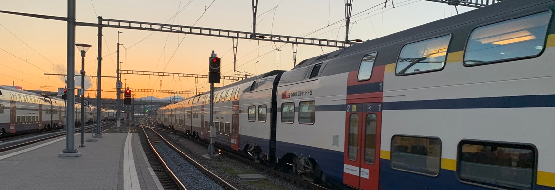 zwei Züge und Gleise an einem Bahnhof